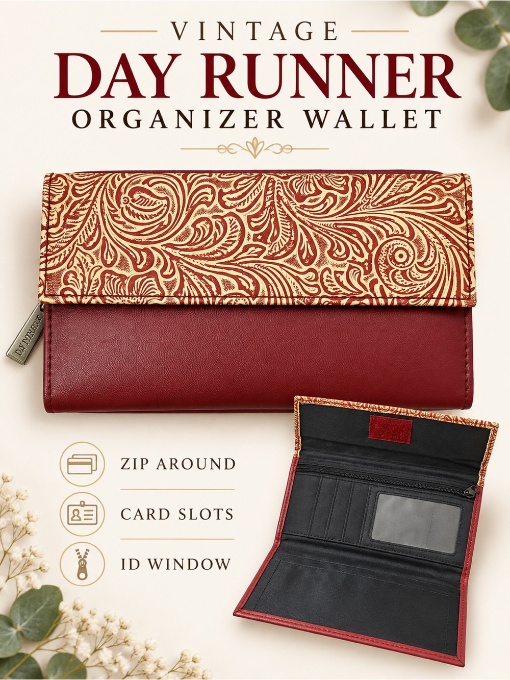 Vintage Day Runner Burgundy Floral Zip Around Organizer Wallet